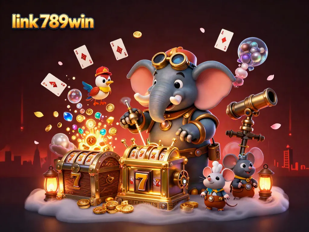 Spin the golden slot machine at link 789win amidst a rich steampunk casino scene.