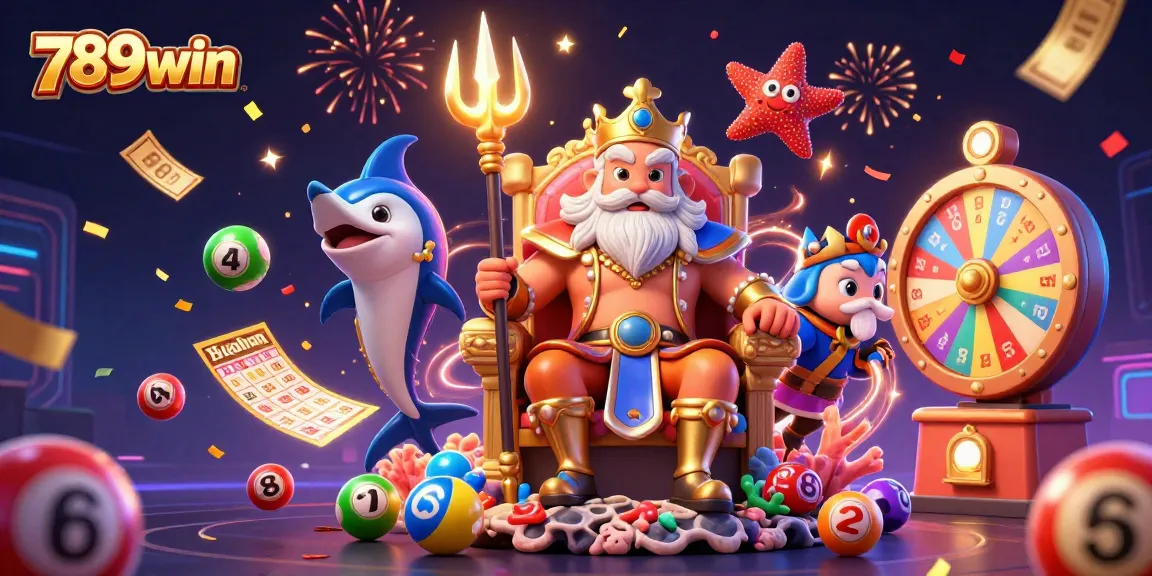 Play lively games at 789win with an exciting scene featuring Neptune and vibrant lottery elements.