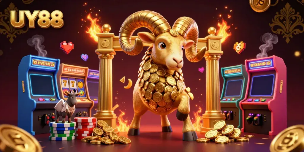 Experience big wins at UY88 with vibrant 3D illustrations of slots and gaming atmosphere.
