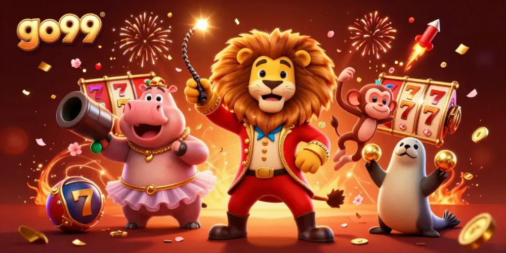 Experience the excitement of go99 with vibrant 3D circus characters and immersive casino elements.