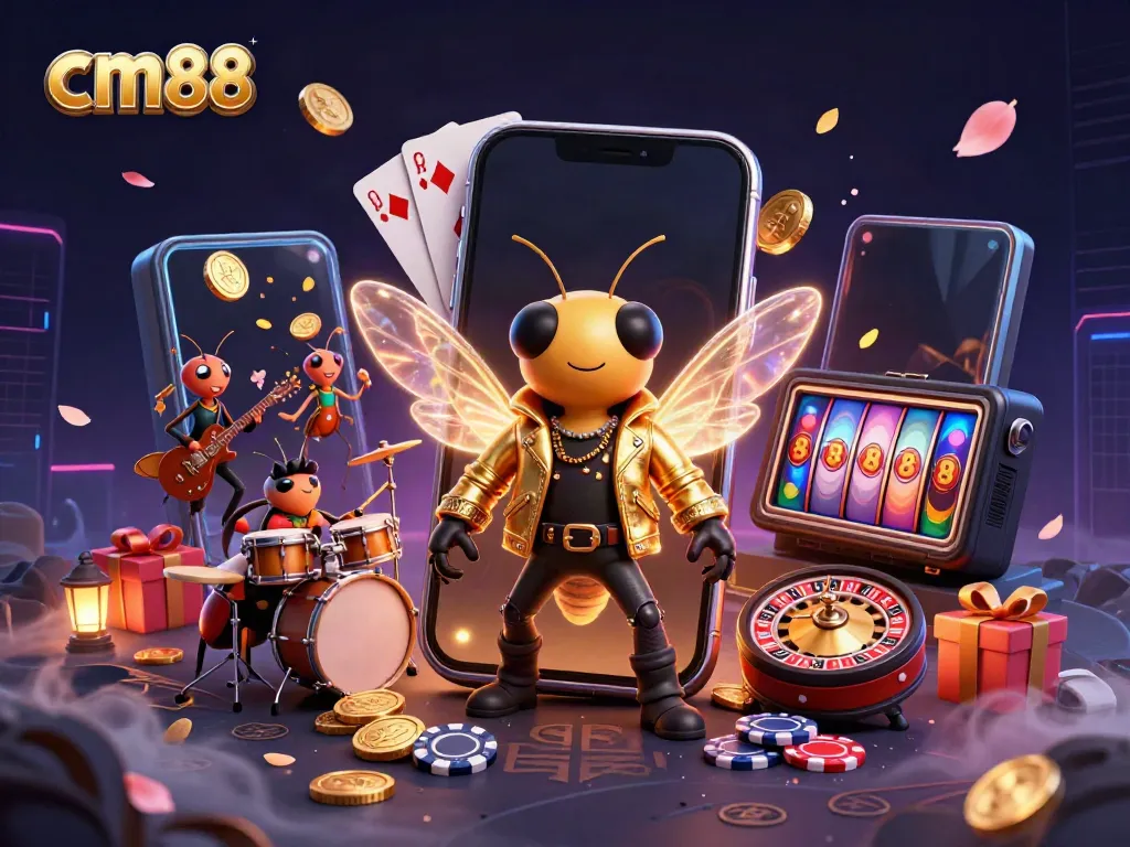Experience the thrill at cm88 with a vibrant 3D casino scene featuring a rock star cicada and dynamic slot games.