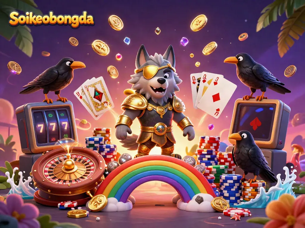 Soikeobongda showcases a mythical Odin wolf with ravens amidst vibrant casino elements and golden coins.