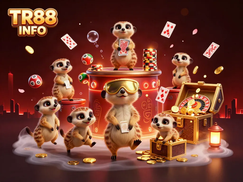 Engaging TR88 INFO scene with meerkats managing a lively casino setting surrounded by colorful elements.