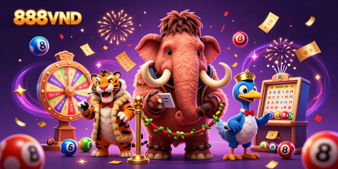 Experience the vibrant excitement of 888VND's casino scene, featuring a woolly mammoth bouncer and a saber-tooth tiger VIP.