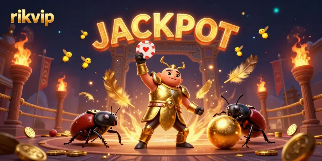 Experience the thrill of rikvip with a golden beetle hero and vibrant casino elements.