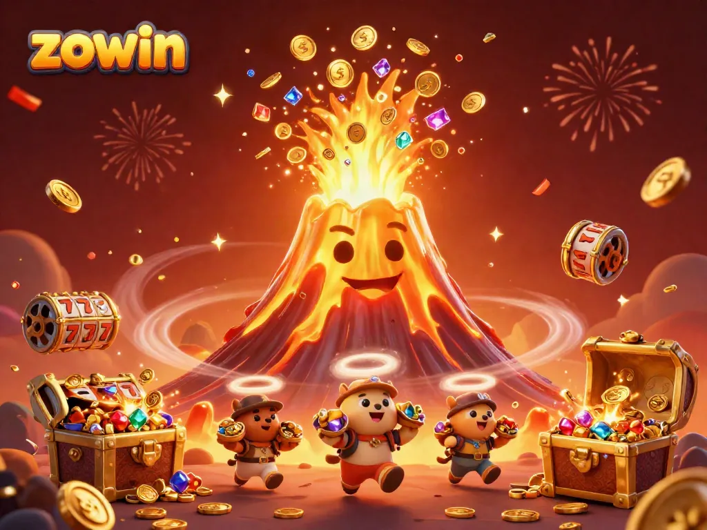Zowin's exciting golden volcano poker scene erupts with coins and gems, showcasing thrilling casino action.