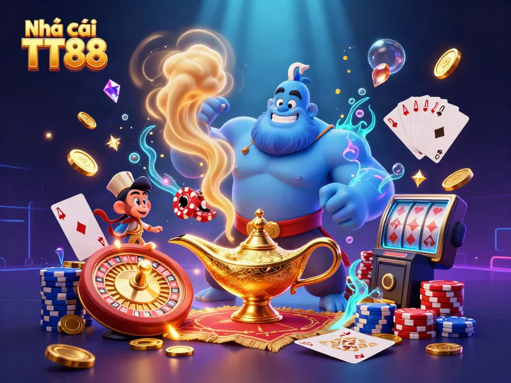 Immerse yourself in the vibrant world of Nhà cái TT88 with a dynamic scene featuring a powerful genie, monkey, and casino elements.