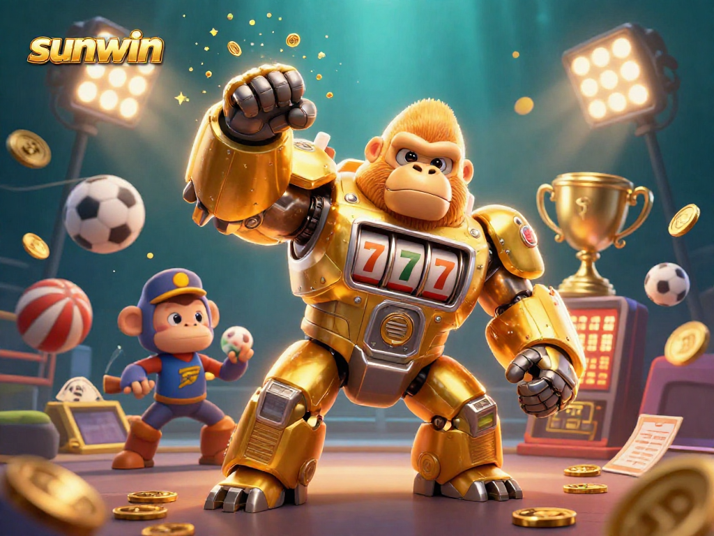 Engage with sunwin's dynamic gaming experience featuring a golden gorilla mech in a vibrant casino scene.