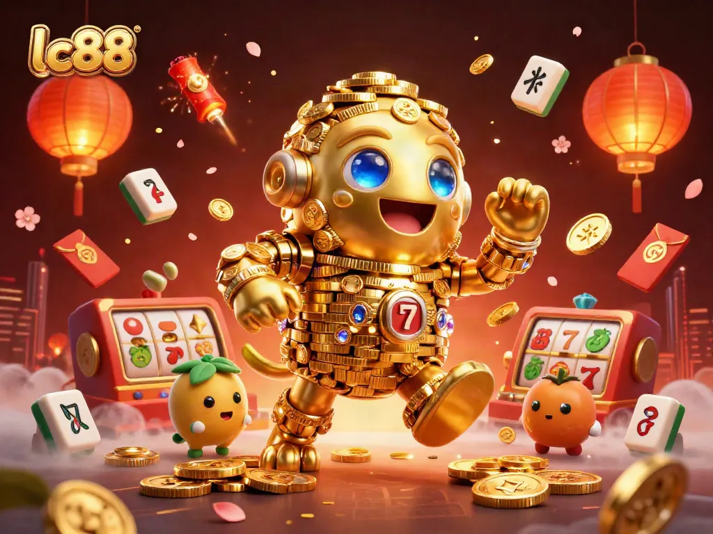Play the lc88 slot game with a golden golem surrounded by vibrant casino elements.
