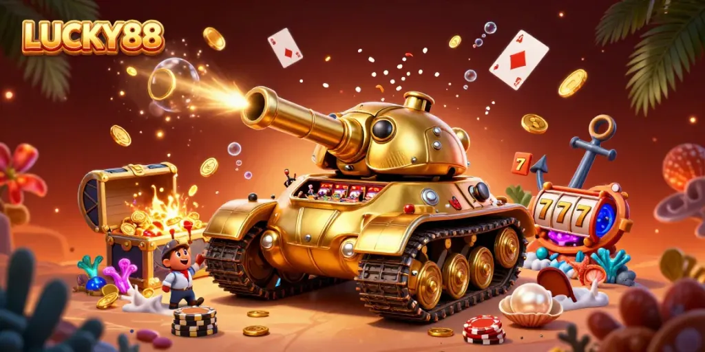 Experience LUCKY88 in this vibrant and dynamic casino-themed 3D illustration.