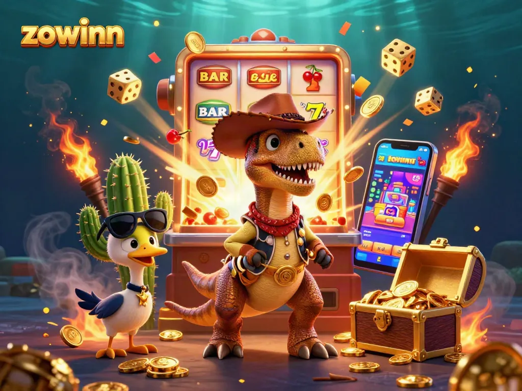 Zowinn casino game excitement with a cowboy dinosaur T-Rex, cactus, and roadrunner in vibrant casino scene.