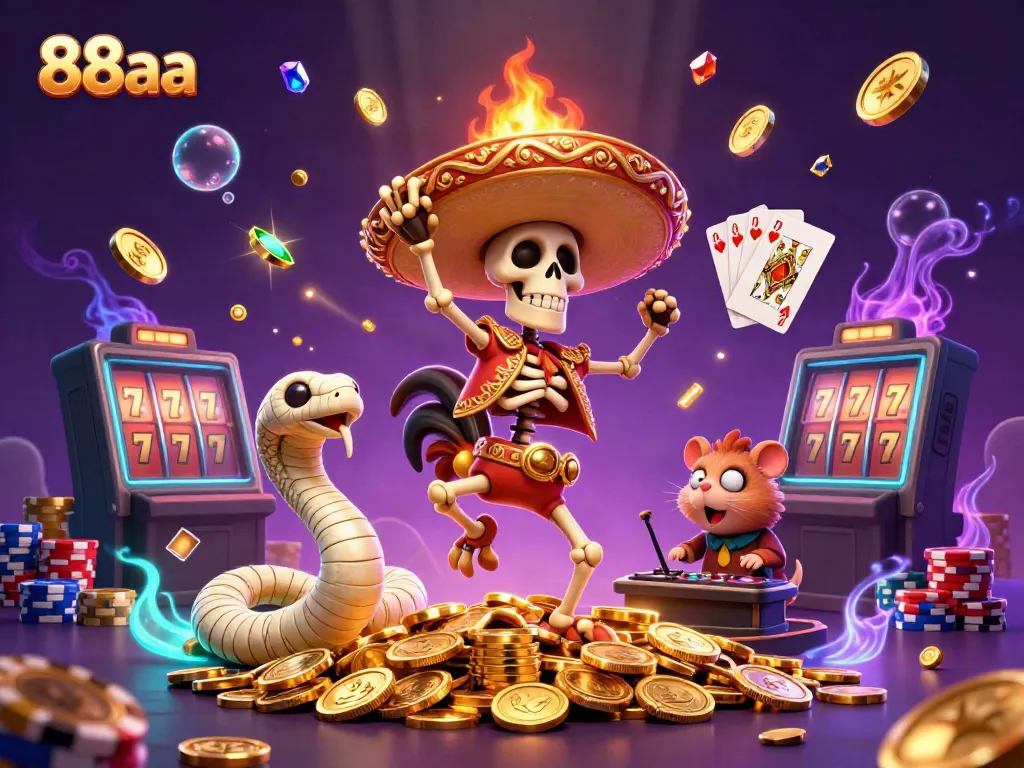 Experience exciting wins at 88aa with an energetic casino celebration featuring vibrant characters and games.