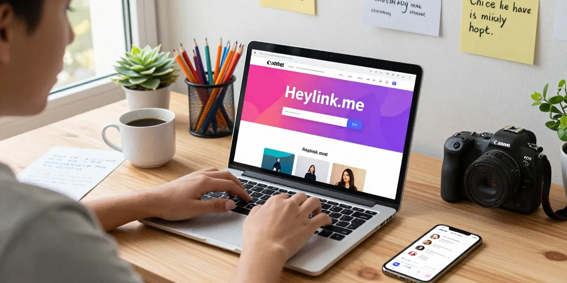 Pengguna membuat profil Heylink.me dengan semangat di ruang kerja yang cerah dan penuh inspirasi, GEGESLOT terlihat di layar laptop.