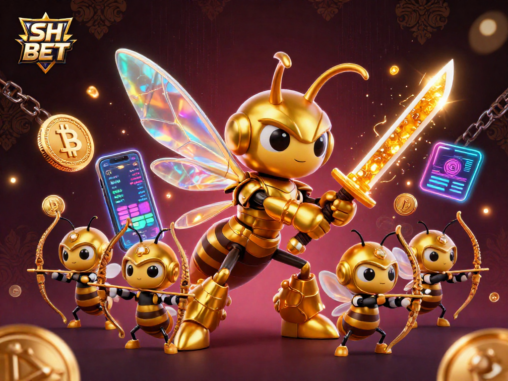 Engage with the vibrant SH BET world of casino excitement featuring a golden hornet samurai and crypto-themed elements.