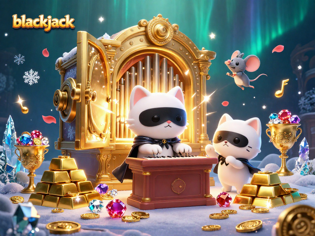 Engage with blackjack excitement through a dynamic 3D casino scene filled with treasures.