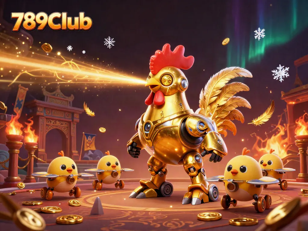 Engage with the vibrant world of 789Club, featuring a golden rooster robot and playful chick drones in action.