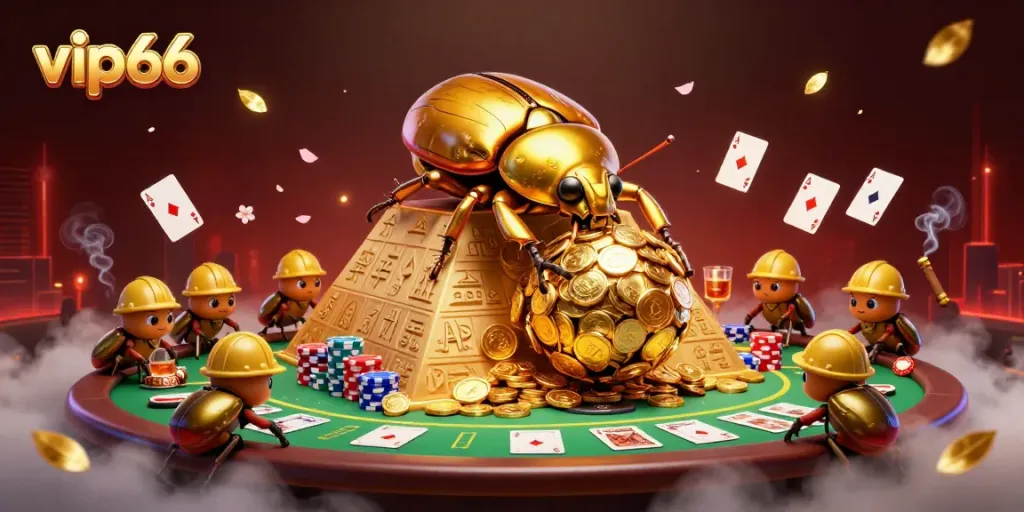 Join the excitement of vip66 with a golden dung beetle rolling jackpot coins in a dynamic casino scene.