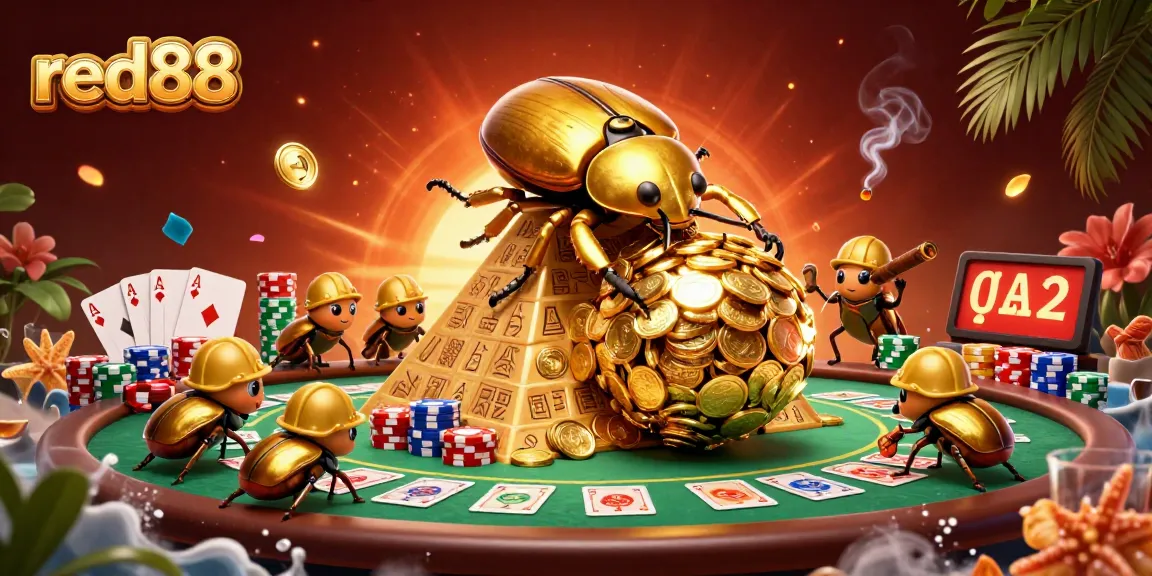 Discover thrilling action with red88 as golden beetles roll coins up a casino pyramid.