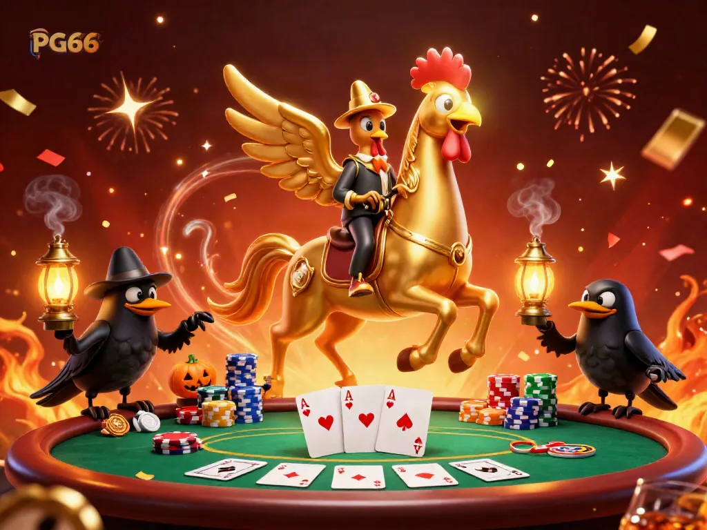 Engage with PG66's thrilling casino atmosphere featuring a golden rooster and pumpkin-headed crows amid colorful poker elements.