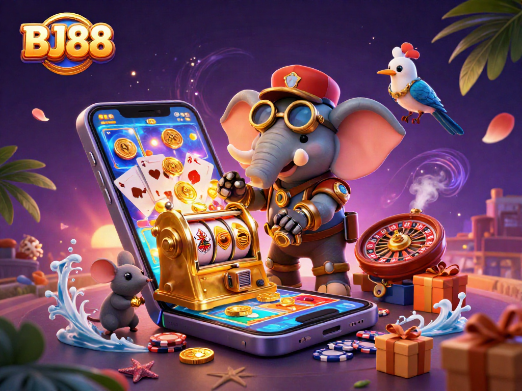 Spin the reels at BJ88 Casino with a vibrant 3D steampunk scene featuring a golden slot machine and colorful games.