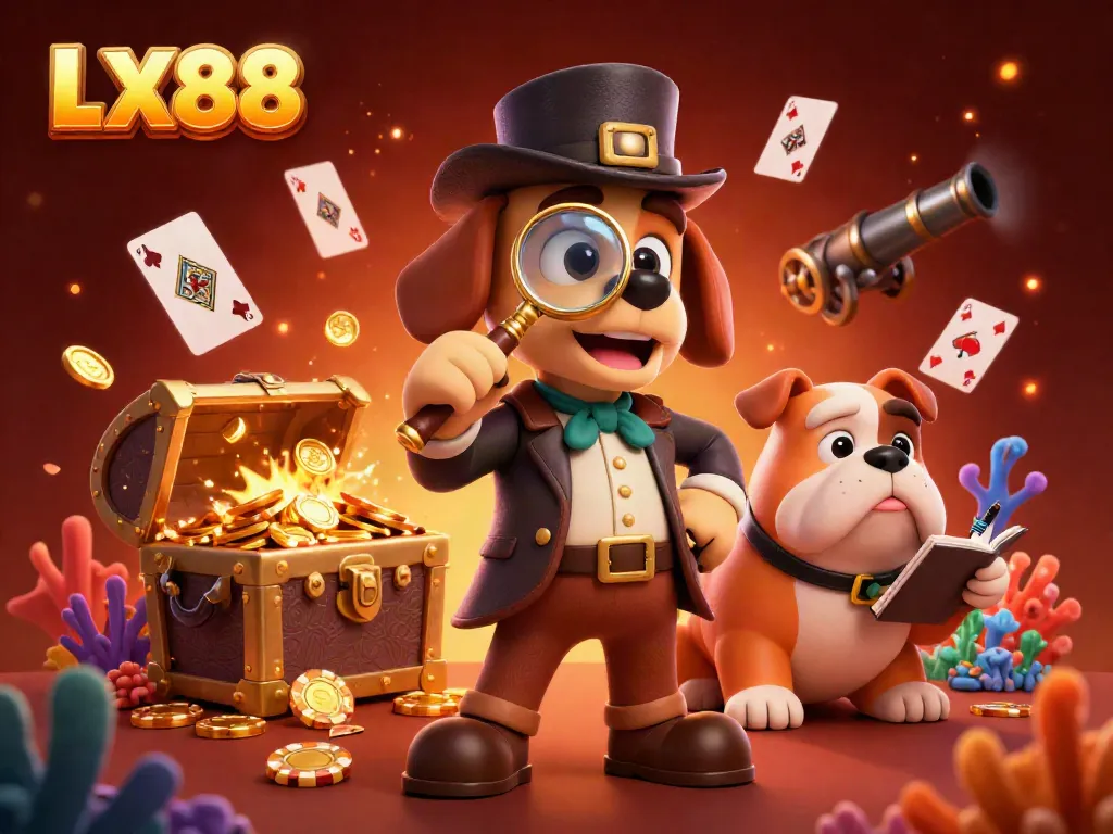 Experience thrilling gaming action with LX88 as cartoon detectives uncover underwater treasure and poker clues.