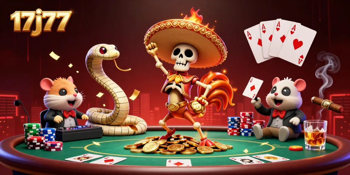 Experience the vibrant energy of 17j77 while playing poker with animated characters in a rich casino setting.