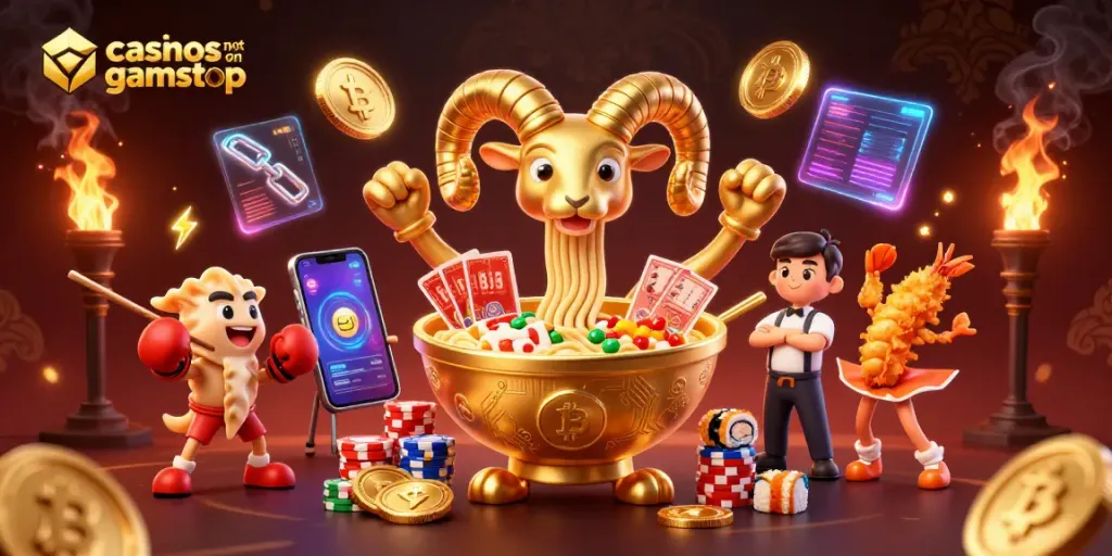 Engaging scene of casinos not on gamstop featuring a golden ramen bowl dealer, crypto elements, and dynamic atmosphere.
