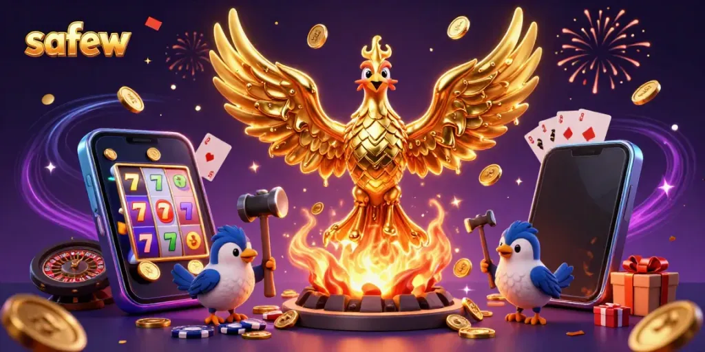 Safew ensures seamless communication with its secure applications, showcasing a stunning 3D golden phoenix amidst dynamic slot gaming elements.