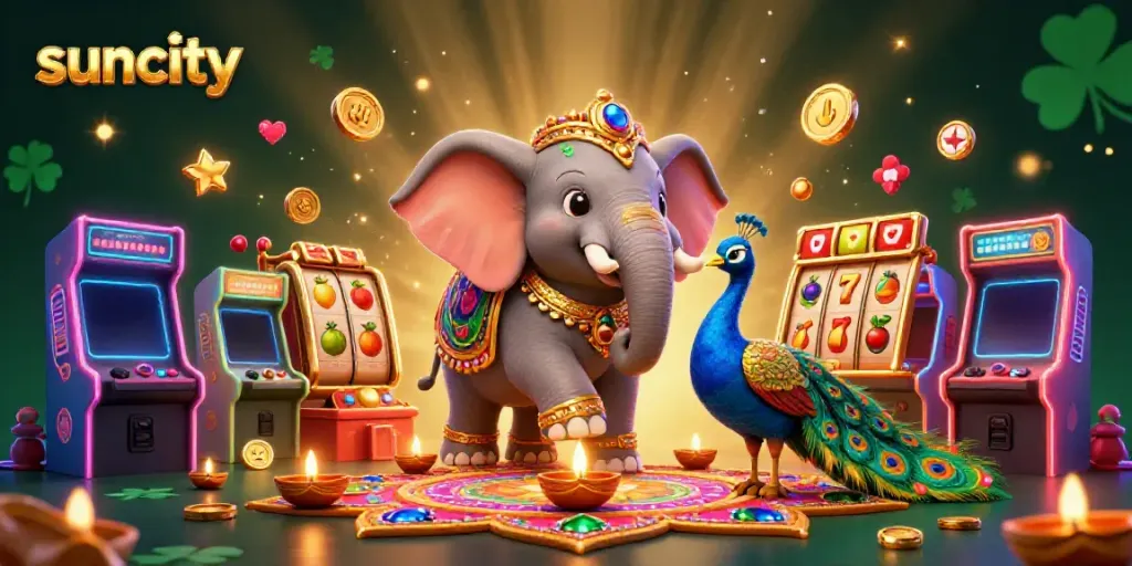 Engage with suncity's exciting jackpot action in a vibrant, colorful slot-themed illustration.