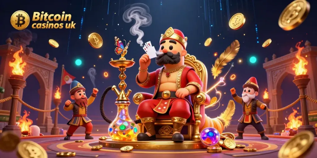 Play exciting games at Bitcoin casinos UK with a vibrant scene featuring colorful coins and engaging elements.
