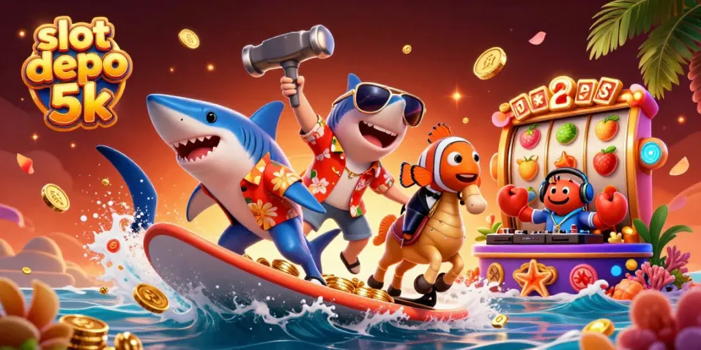 Experience winning with slot depo 5k as a shark surfs on gold coins, surrounded by lively casino elements.