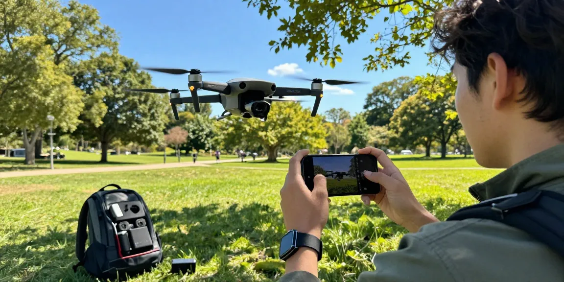 F168 drone launch in a park, capturing scenic aerial views with smartphone control.
