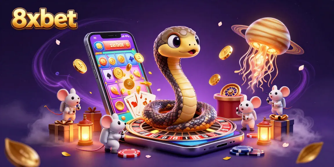 Experience thrilling bets with 8xbet as astronaut mice engage with cosmic gaming elements in a colorful casino scene.