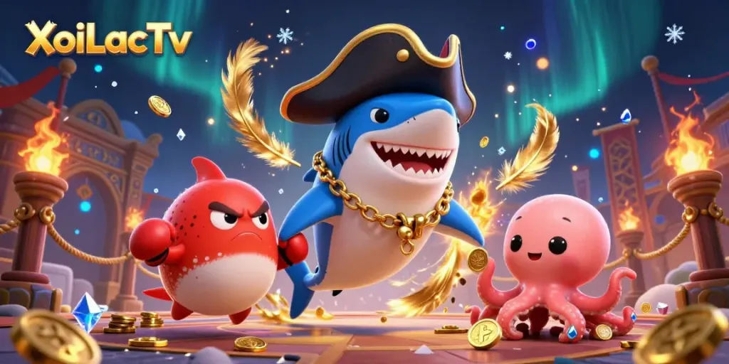 XoiLacTv features animated pirate shark and pufferfish in a vibrant gambling scene.
