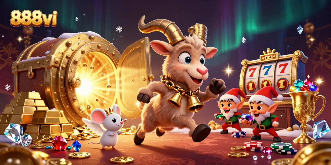 Engage with 888vi's festive casino scene featuring Krampus and treasure amidst dynamic slot elements.