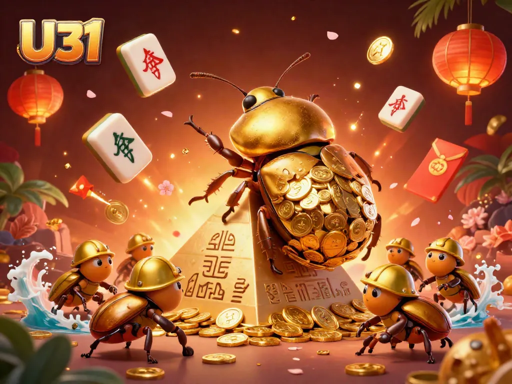 Experience thrilling wins at U31, showcasing a golden beetle's journey with vibrant casino visuals.