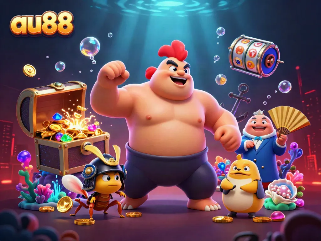 Experience thrilling gameplay with au88 as the powerful rooster sumo wrestler stomps through a vibrant casino scene.