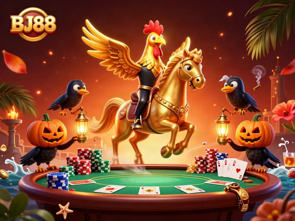 BJ88 invites players to a thrilling midnight casino with a golden rooster and crow companions.
