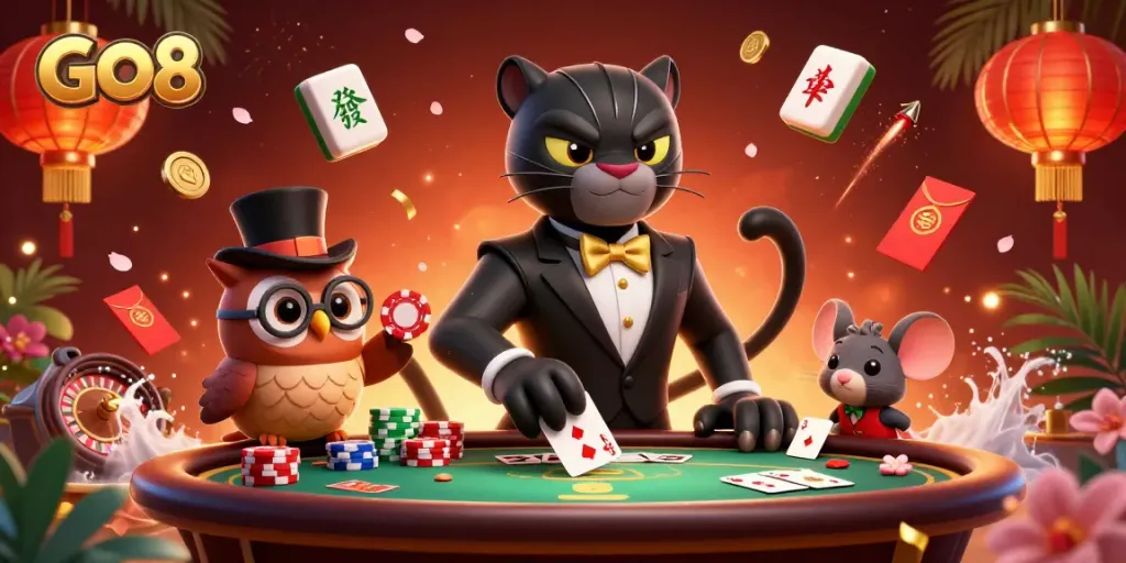GO8 brings excitement to the casino with a stylish panther dealing cards while an owl holds chips.