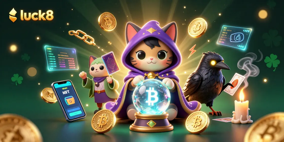 Spin and win at luck8 with a mystical scene of a fortune teller cat and a tarot-dealing raven, ready for casino thrills.