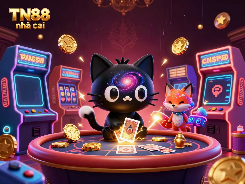 Witness the excitement at TN88 nhà cái, where a cosmic black hole cat draws in cards and chips in a vibrant casino.