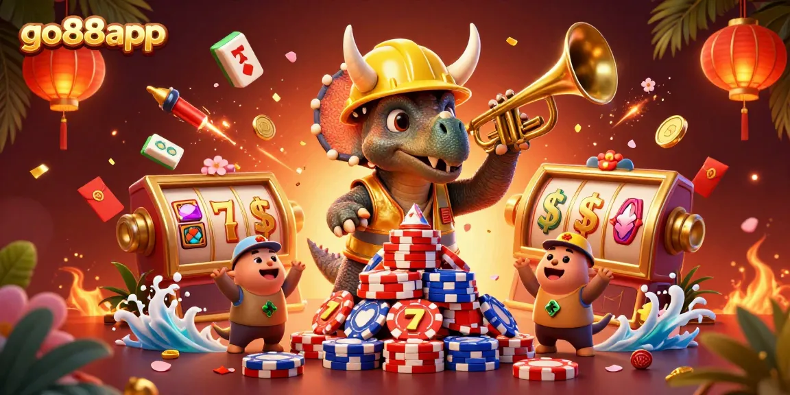 Experience thrilling gameplay with go88app as a cheerful triceratops builds a casino chip pyramid amid festive symbols.