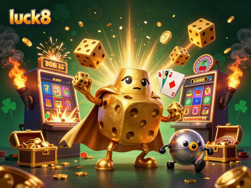 Experience luck8's vibrant casino action with a golden dice golem and dynamic game elements.