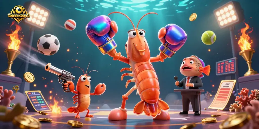 Experience high-stakes gaming excitement with topnhacaiuytin's vibrant underwater casino illustration featuring energetic characters and dynamic sports elements.