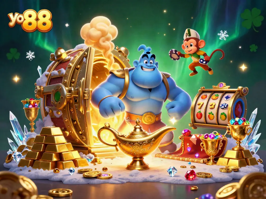 Spin to win big with yo 88 at the exciting online casino, featuring a magical genie and treasures.