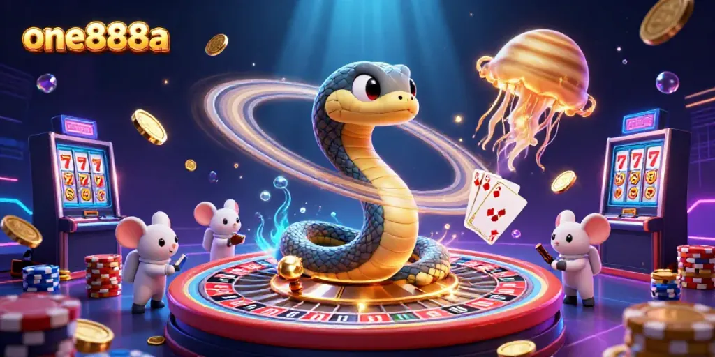 One888a illustration with a Saturn ring snake and astronaut mice betting in a casino-themed cosmic scene.