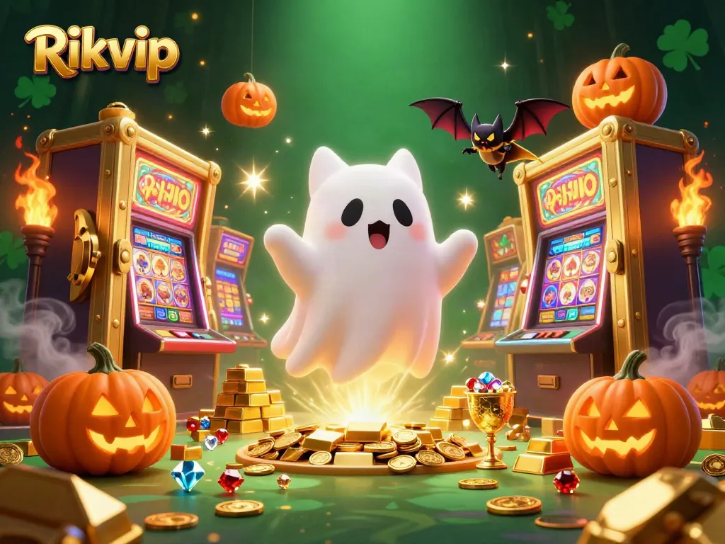 Rikvip presents a thrilling casino adventure with a ghost cat and treasure in a vibrant scene.
