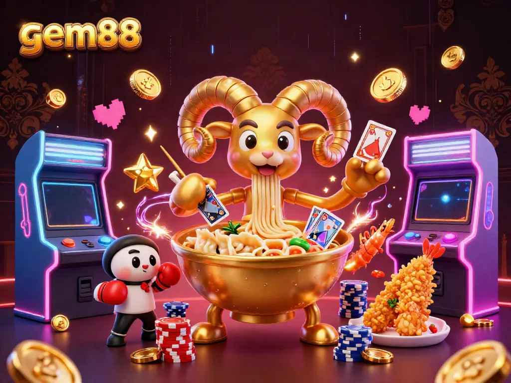 Experience the vibrant action of gem88 with a golden ramen bowl character at a colorful casino scene.