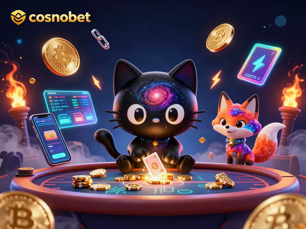 Experience the thrill at Cosmobet Casino, where a black hole cat and nebula fox pull in golden chips amidst crypto excitement.