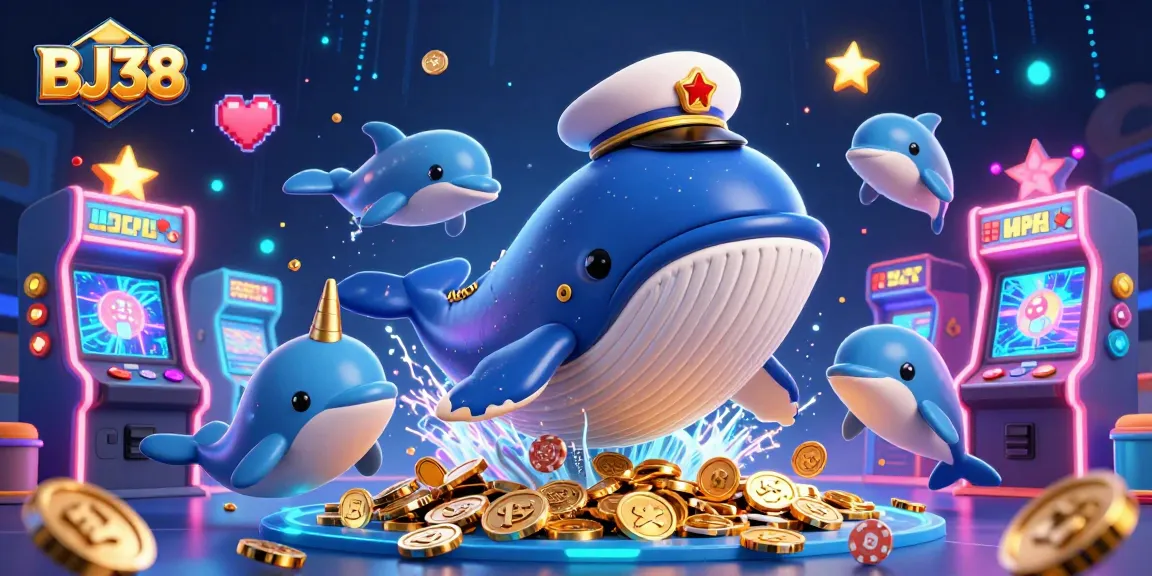 Players experience the excitement of BJ38 with a whale, narwhal, and dolphins amidst casino elements.